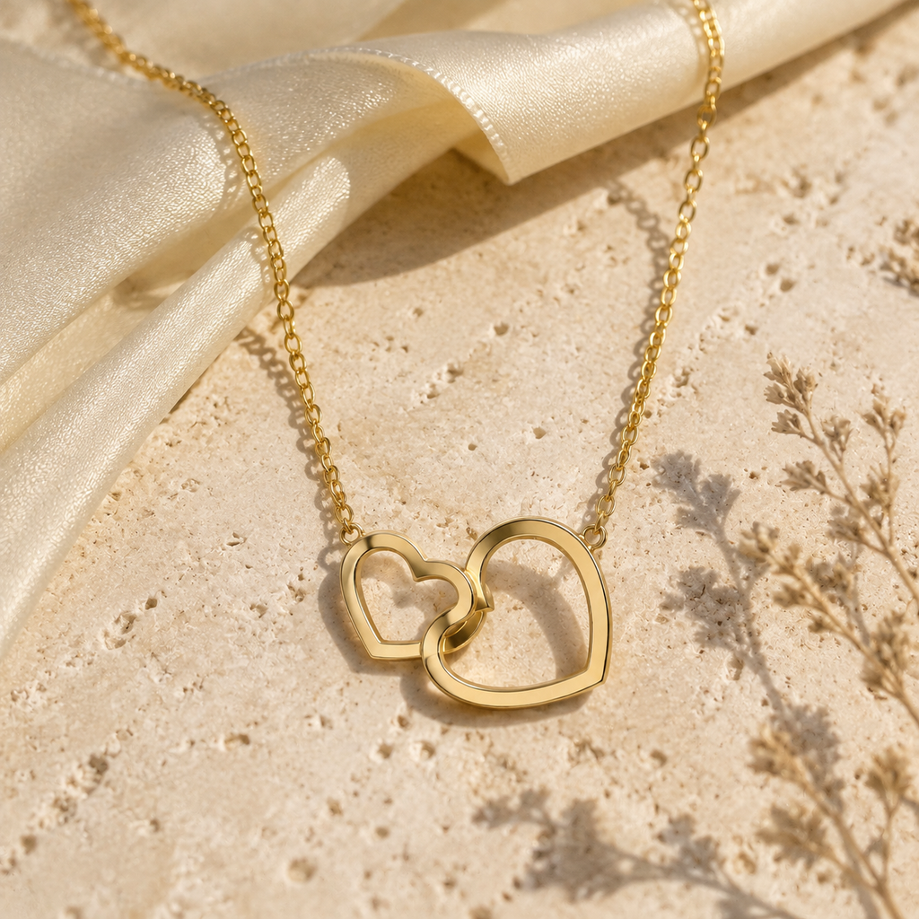 Collar Nara dorado sobre piedra clara y seda en una composición editorial